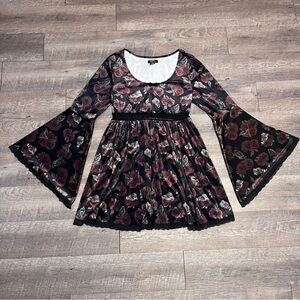 Black Velvet Roses and Butterfly Bell Sleeve Whimsigoth Mini Dress